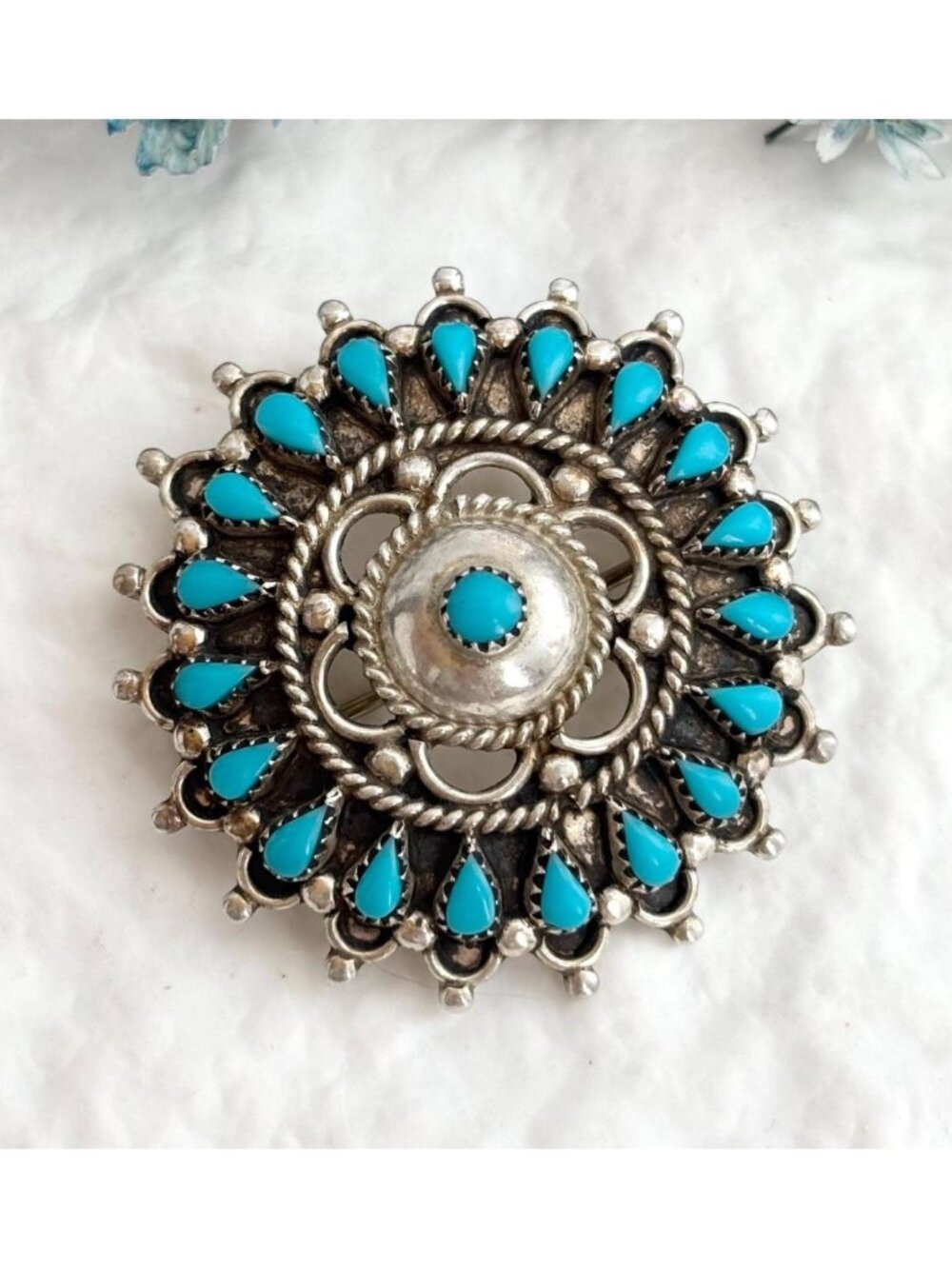 Intricate Navajo Made Turquoise Sterling Silver 925 Vintage Brooch | Pendant